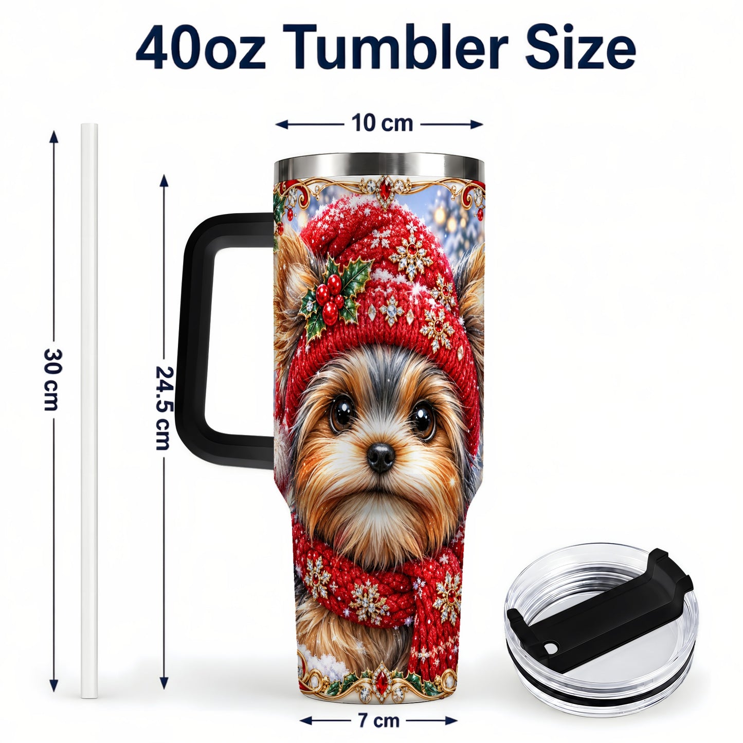 #pl[40oz|Black] Winter Yorkshire Terrier 40oz Tumbler with Handle, Dog Travel Cup
