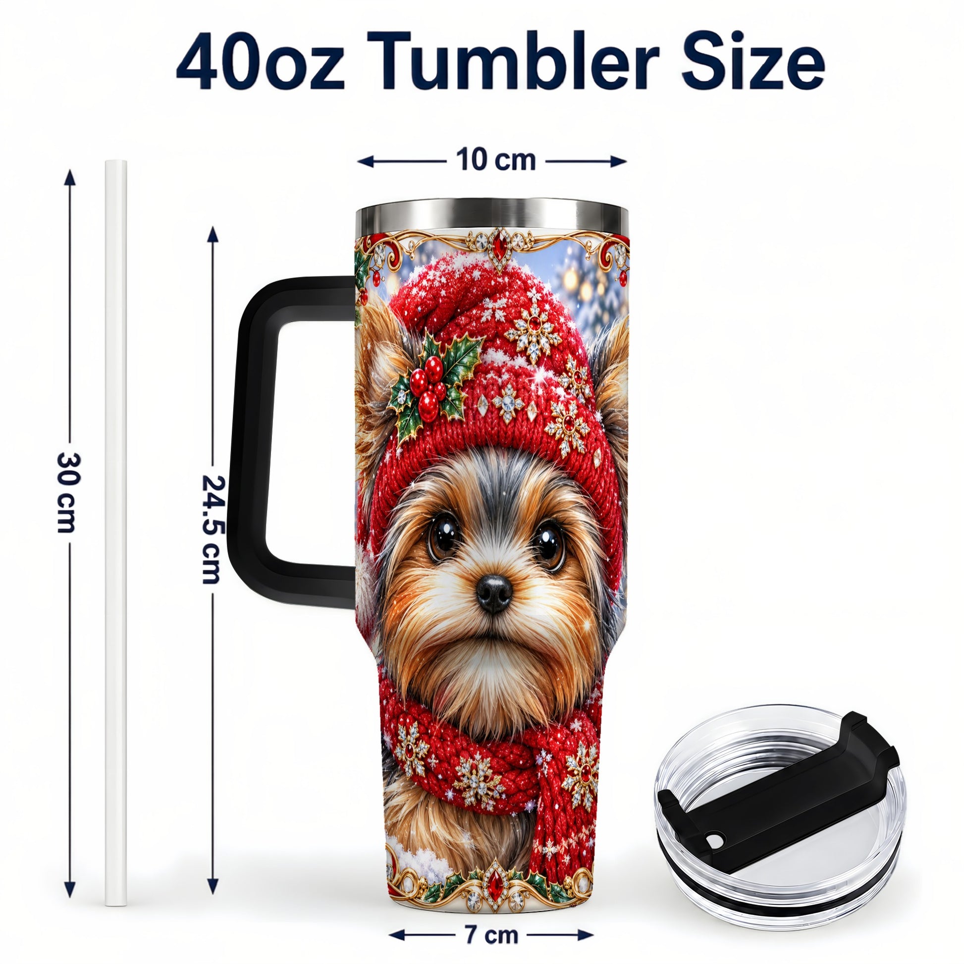 #pl[40oz|Black] Winter Yorkshire Terrier 40oz Tumbler with Handle, Dog Travel Cup