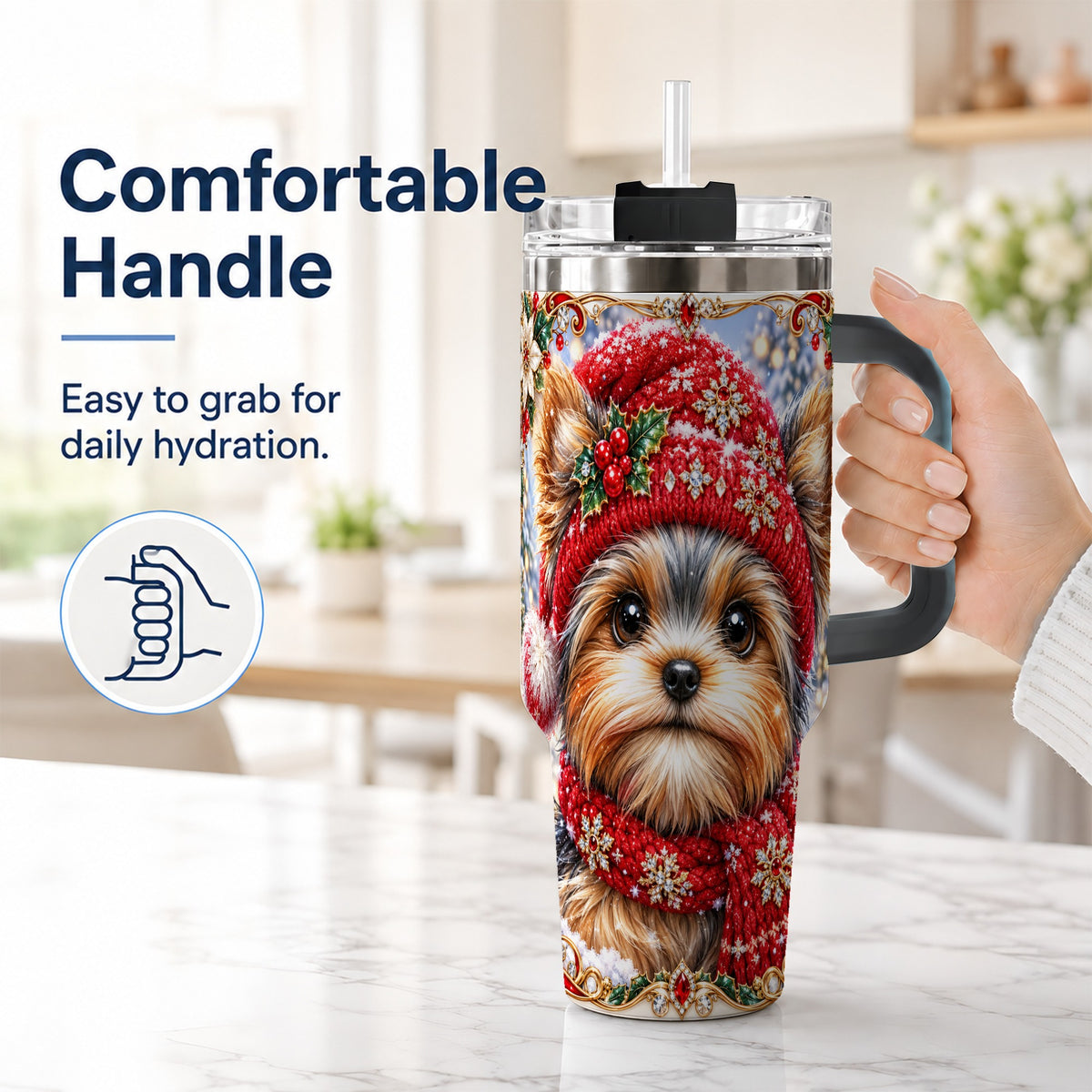 #pl[40oz|Black] Winter Yorkshire Terrier 40oz Tumbler with Handle, Dog Travel Cup