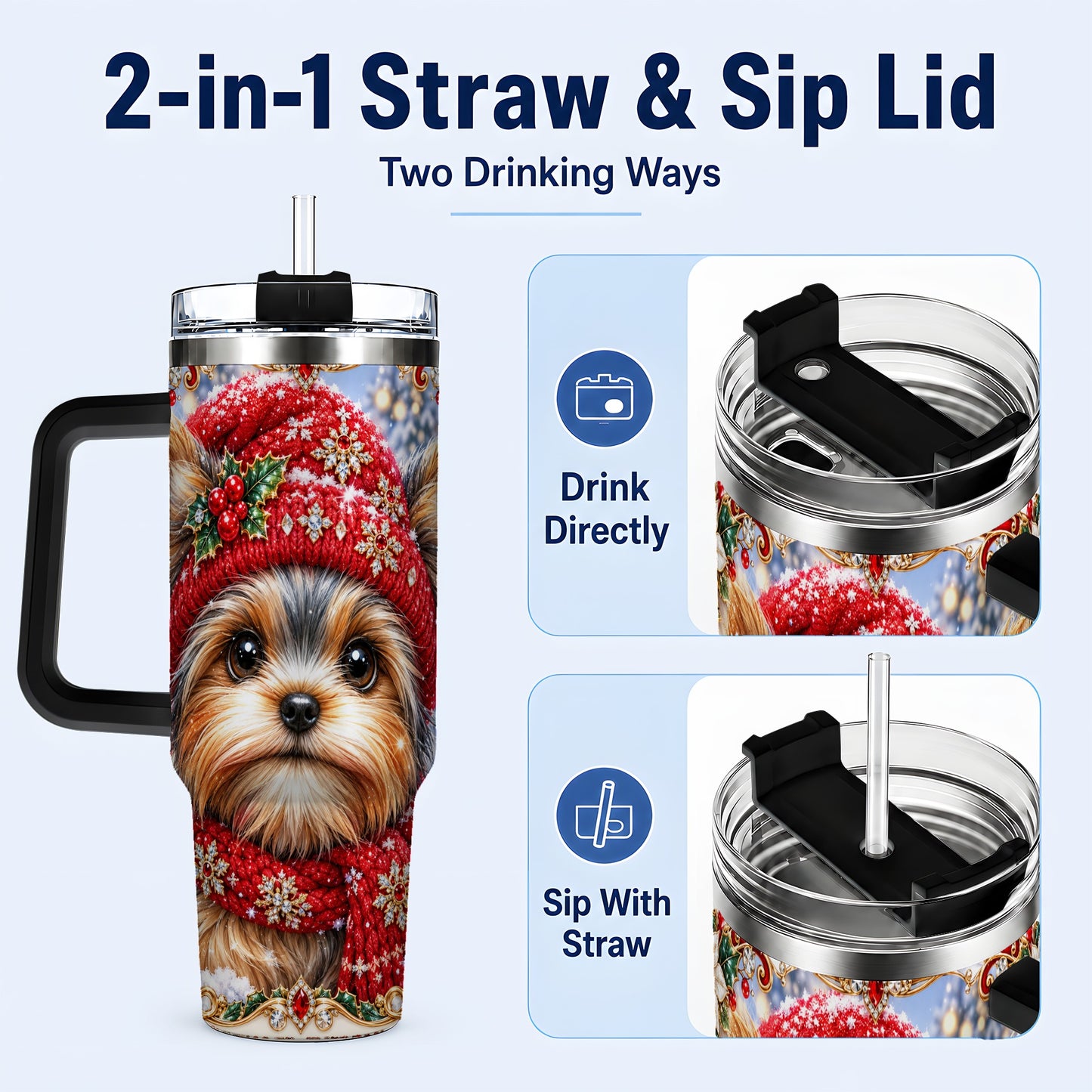 #pl[40oz|Black] Winter Yorkshire Terrier 40oz Tumbler with Handle, Dog Travel Cup