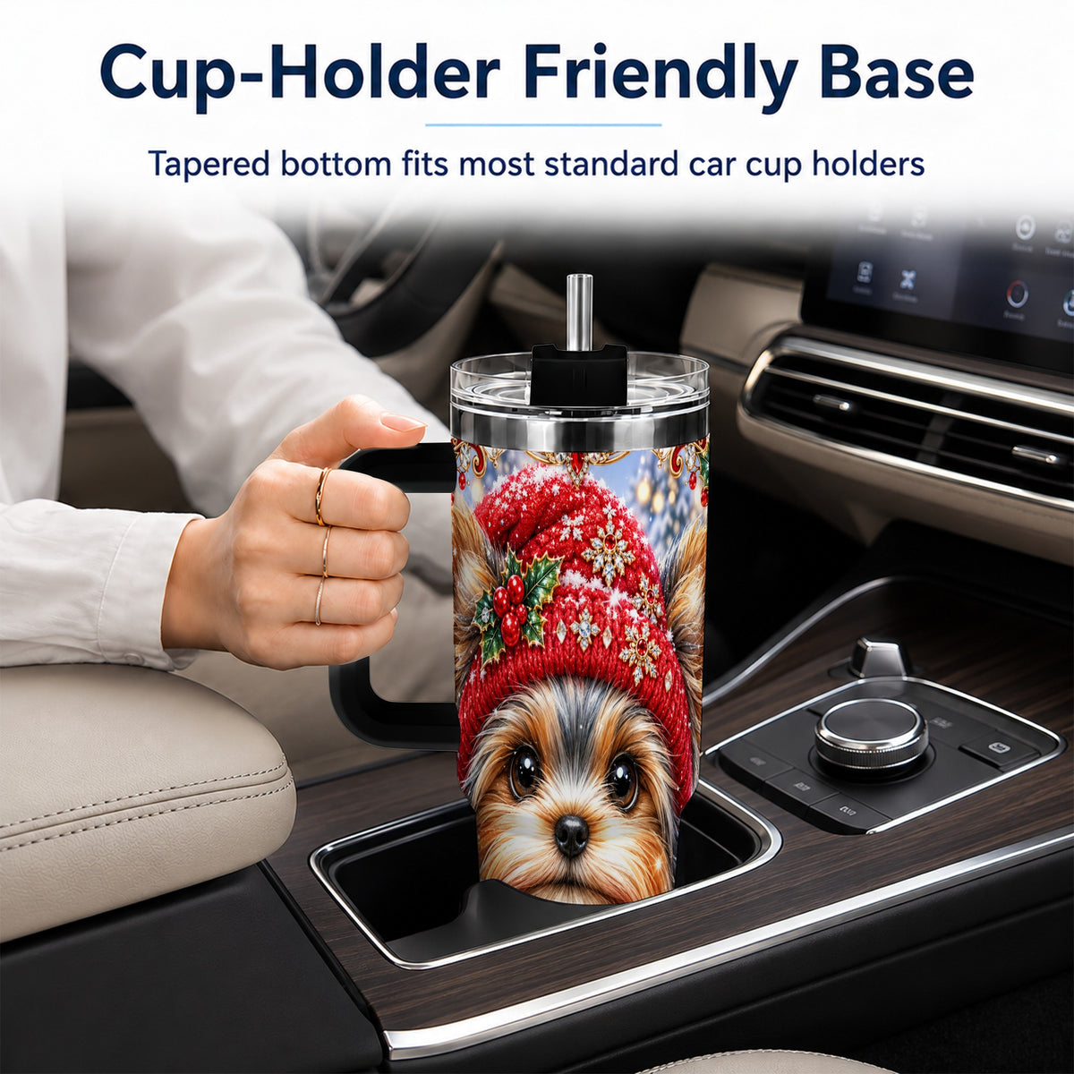 #pl[40oz|Black] Winter Yorkshire Terrier 40oz Tumbler with Handle, Dog Travel Cup