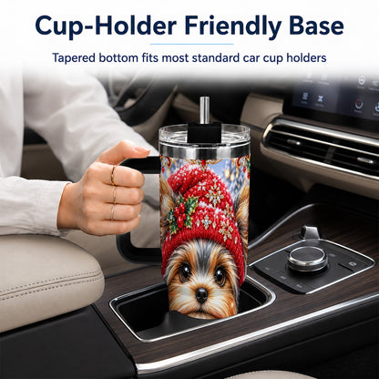 #pl[40oz|Black] Winter Yorkshire Terrier 40oz Tumbler with Handle, Dog Travel Cup