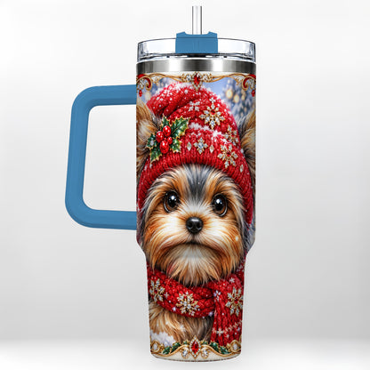 #pl[40oz|Blue] Winter Yorkshire Terrier 40oz Tumbler with Handle, Dog Travel Cup