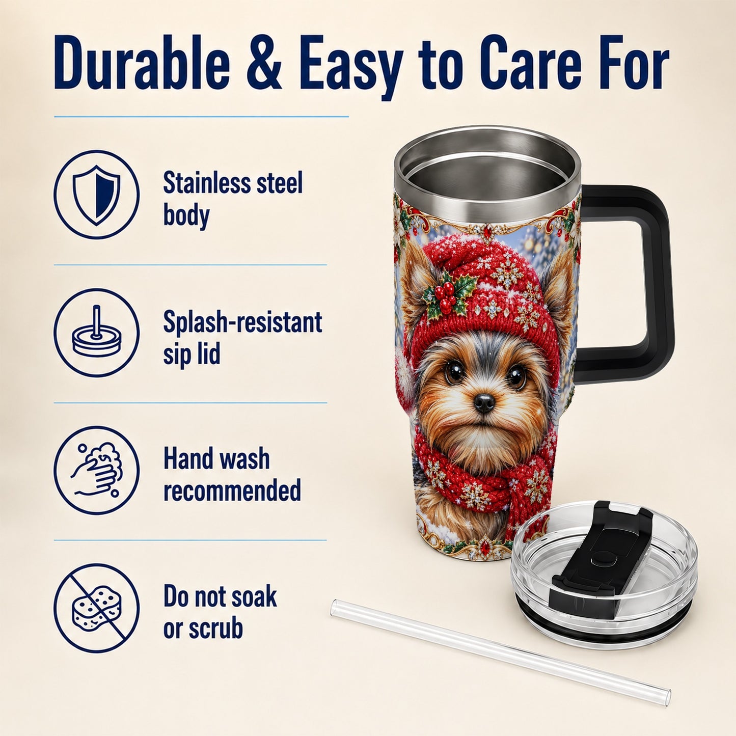#pl[40oz|Black] Winter Yorkshire Terrier 40oz Tumbler with Handle, Dog Travel Cup