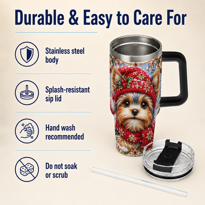 #pl[40oz|Black] Winter Yorkshire Terrier 40oz Tumbler with Handle, Dog Travel Cup