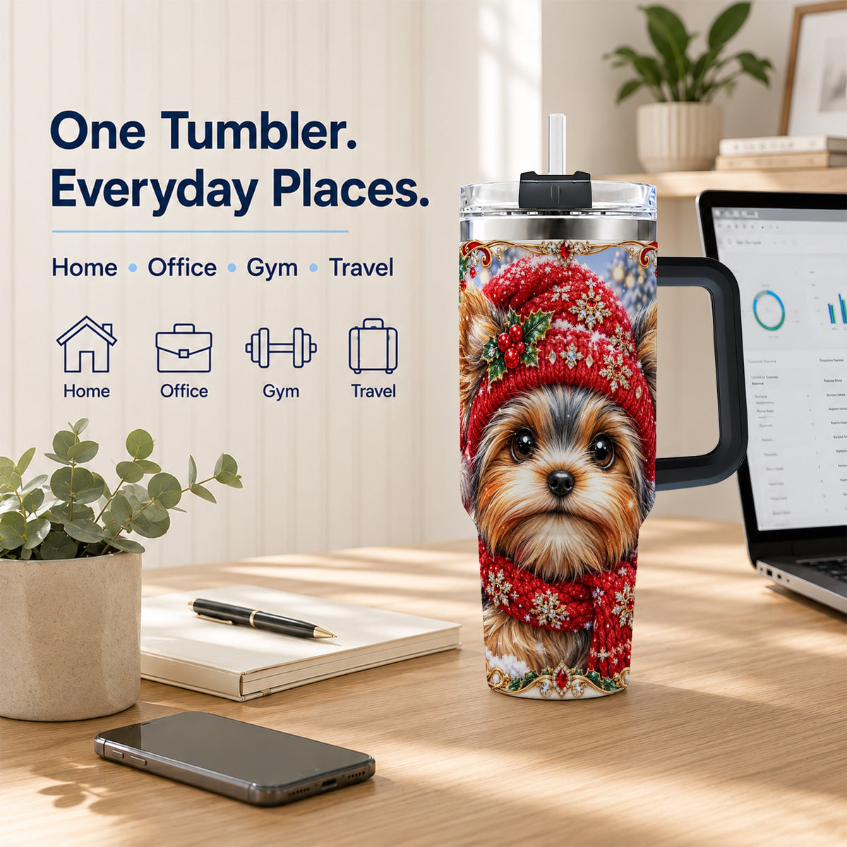 #pl[40oz|Black] Winter Yorkshire Terrier 40oz Tumbler with Handle, Dog Travel Cup