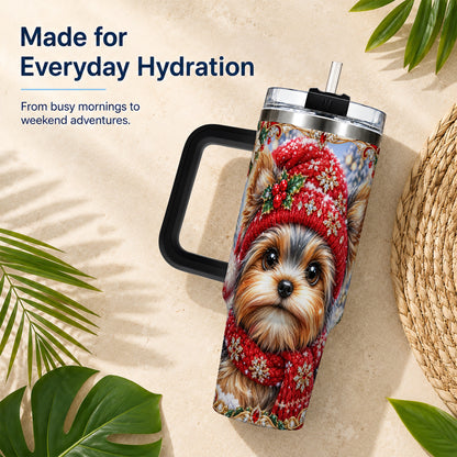 #pl[40oz|Black] Winter Yorkshire Terrier 40oz Tumbler with Handle, Dog Travel Cup