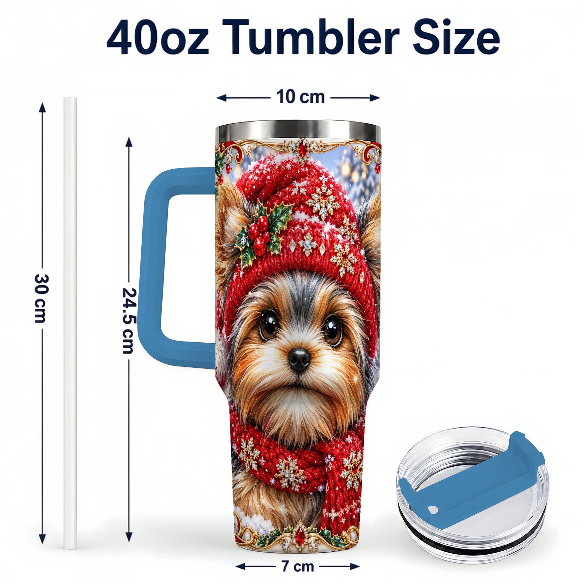 #pl[40oz|Blue] Winter Yorkshire Terrier 40oz Tumbler with Handle, Dog Travel Cup