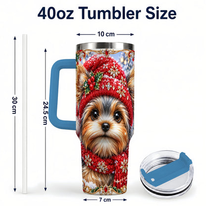 #pl[40oz|Blue] Winter Yorkshire Terrier 40oz Tumbler with Handle, Dog Travel Cup