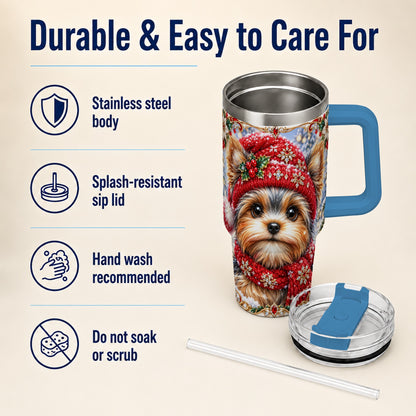 #pl[40oz|Blue] Winter Yorkshire Terrier 40oz Tumbler with Handle, Dog Travel Cup