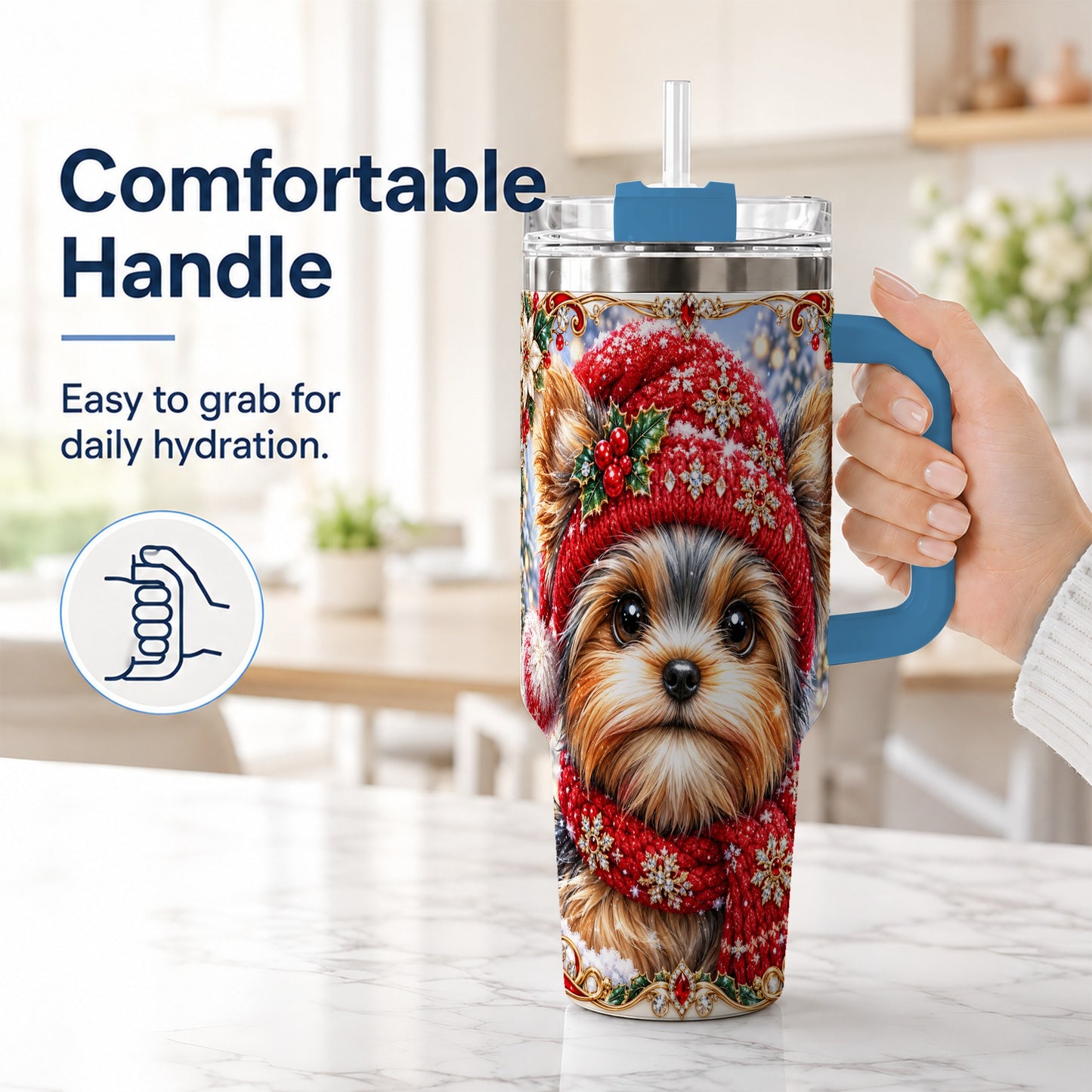#pl[40oz|Blue] Winter Yorkshire Terrier 40oz Tumbler with Handle, Dog Travel Cup