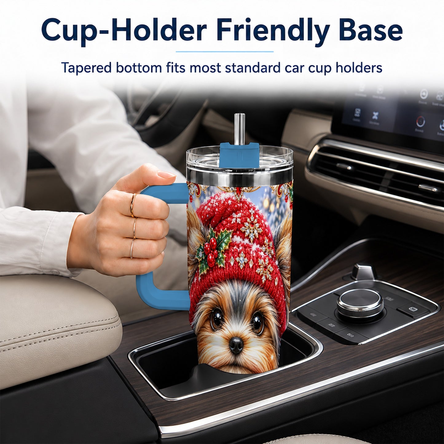 #pl[40oz|Blue] Winter Yorkshire Terrier 40oz Tumbler with Handle, Dog Travel Cup