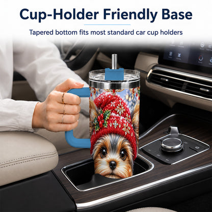 #pl[40oz|Blue] Winter Yorkshire Terrier 40oz Tumbler with Handle, Dog Travel Cup
