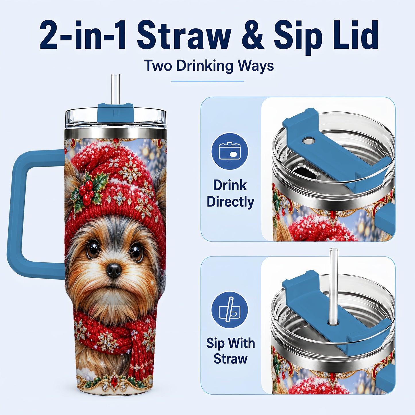 #pl[40oz|Blue] Winter Yorkshire Terrier 40oz Tumbler with Handle, Dog Travel Cup