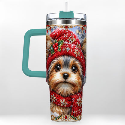 #pl[40oz|Green] Winter Yorkshire Terrier 40oz Tumbler with Handle, Dog Travel Cup
