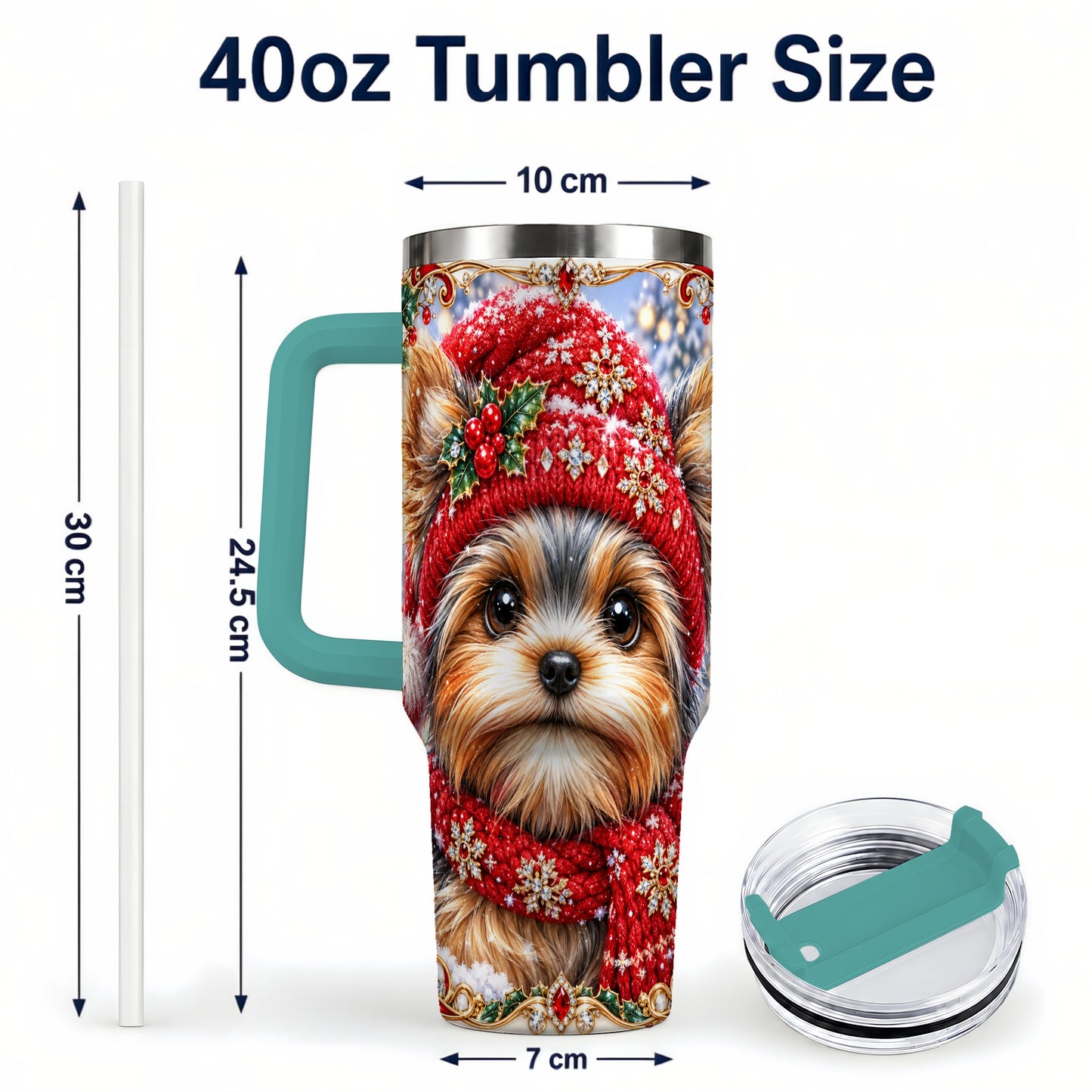 #pl[40oz|Green] Winter Yorkshire Terrier 40oz Tumbler with Handle, Dog Travel Cup