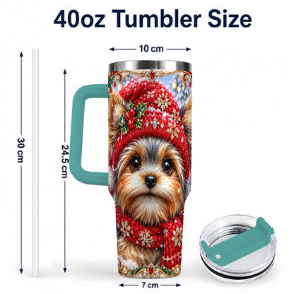 #pl[40oz|Green] Winter Yorkshire Terrier 40oz Tumbler with Handle, Dog Travel Cup