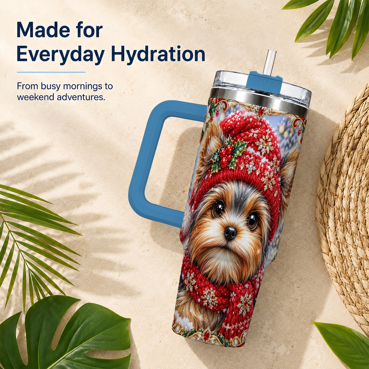 #pl[40oz|Blue] Winter Yorkshire Terrier 40oz Tumbler with Handle, Dog Travel Cup