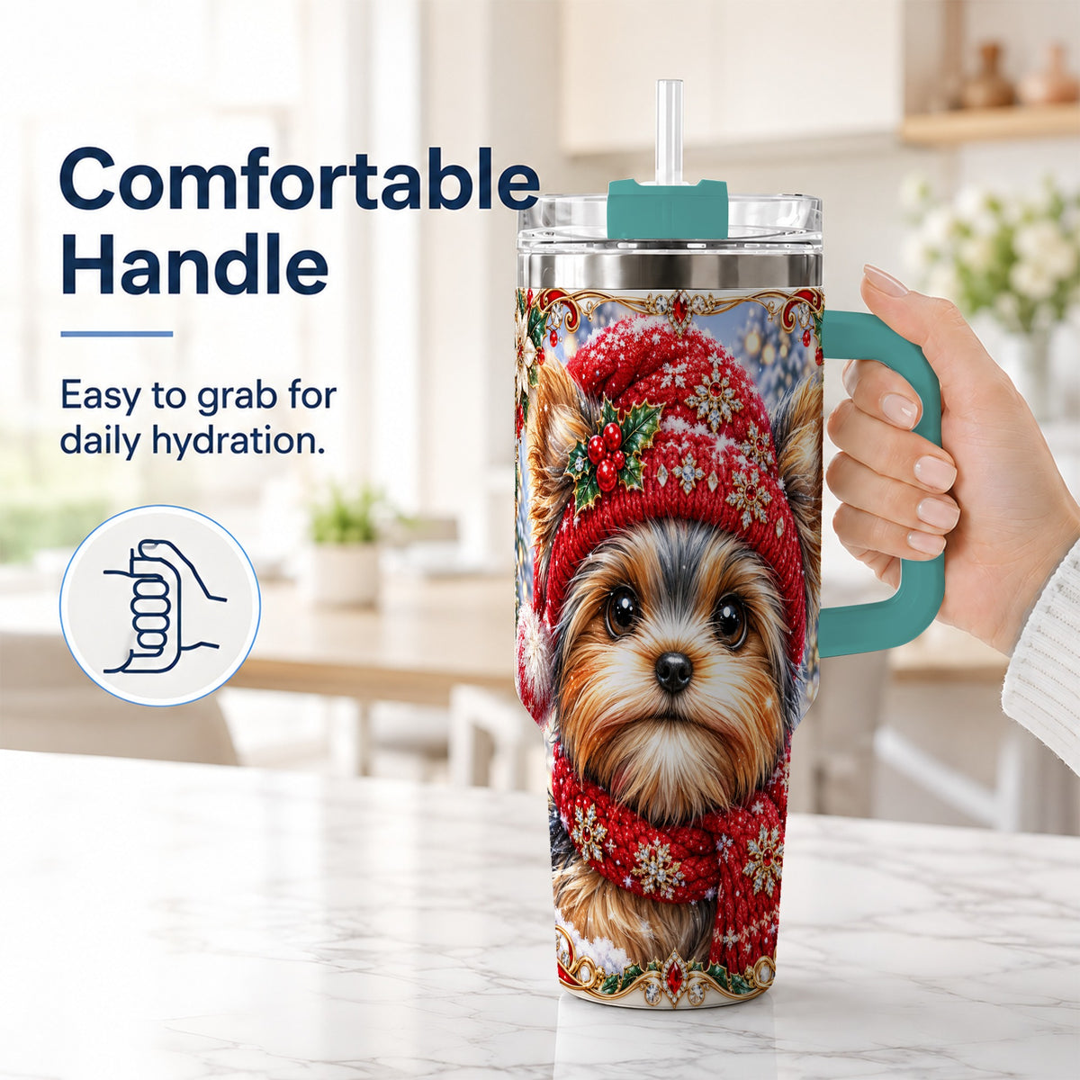 #pl[40oz|Green] Winter Yorkshire Terrier 40oz Tumbler with Handle, Dog Travel Cup