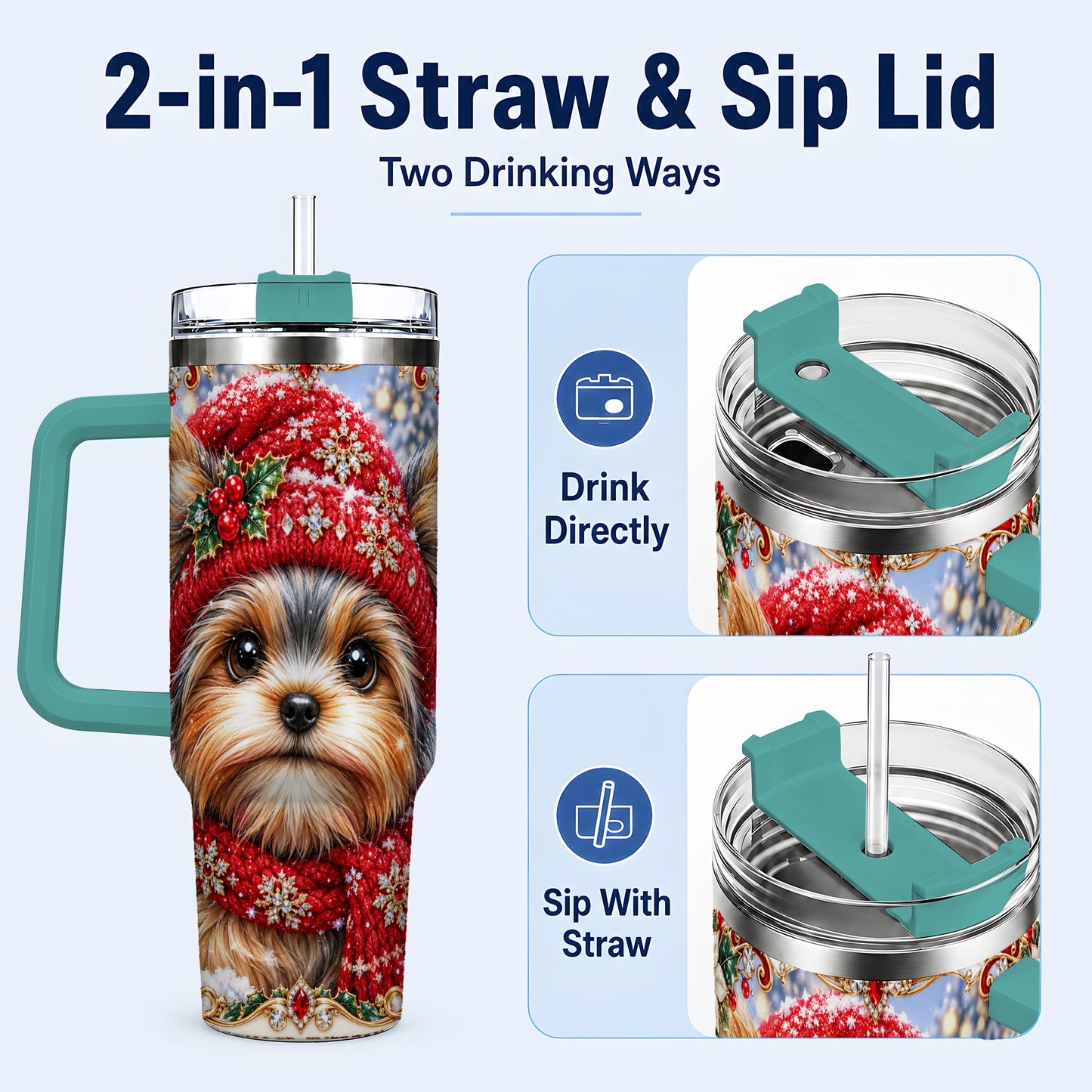 #pl[40oz|Green] Winter Yorkshire Terrier 40oz Tumbler with Handle, Dog Travel Cup