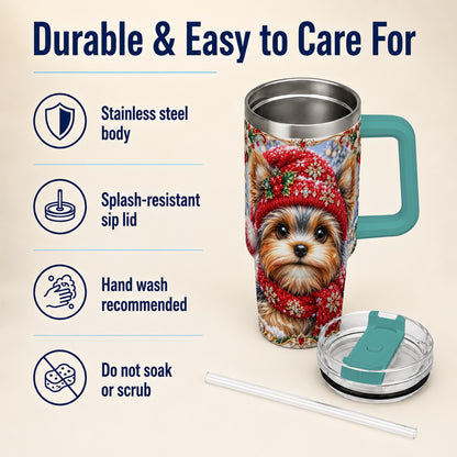 #pl[40oz|Green] Winter Yorkshire Terrier 40oz Tumbler with Handle, Dog Travel Cup