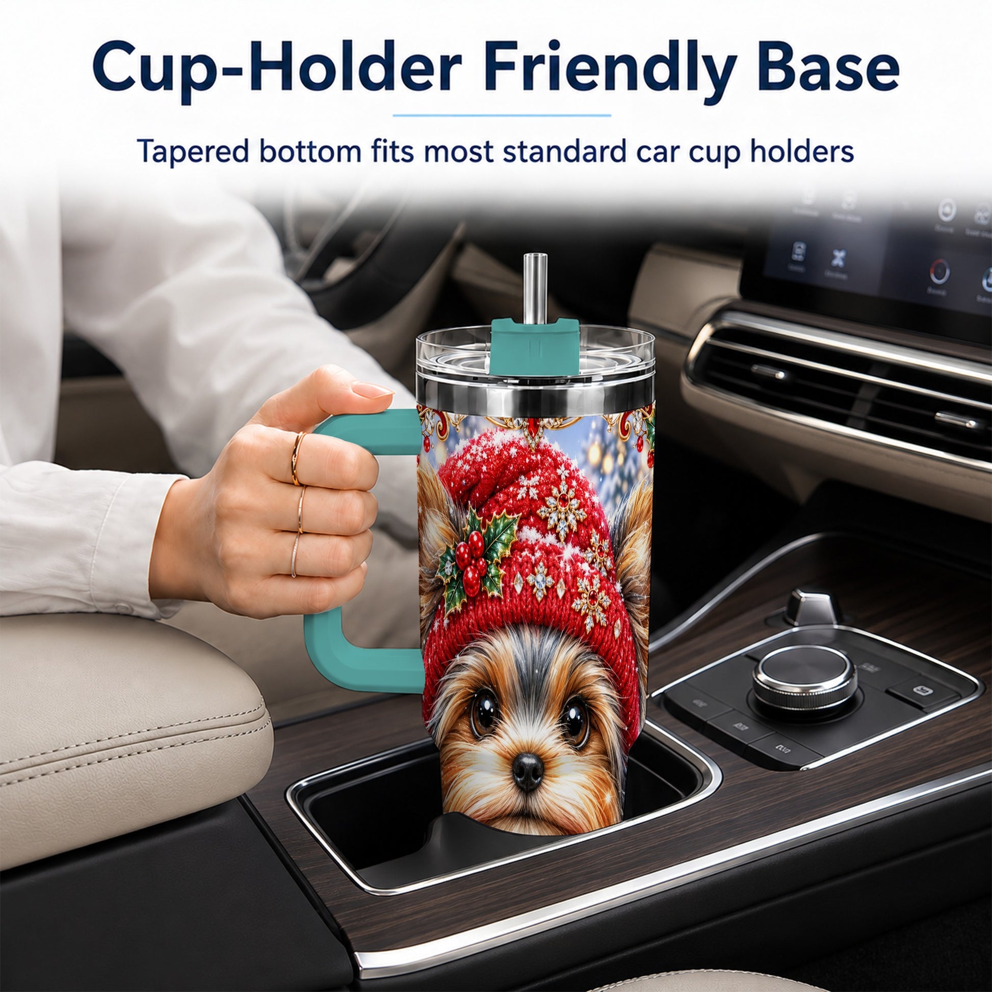 #pl[40oz|Green] Winter Yorkshire Terrier 40oz Tumbler with Handle, Dog Travel Cup