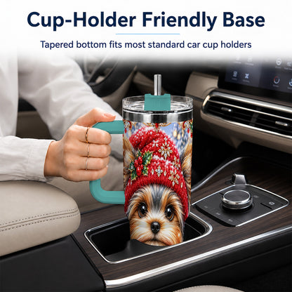 #pl[40oz|Green] Winter Yorkshire Terrier 40oz Tumbler with Handle, Dog Travel Cup