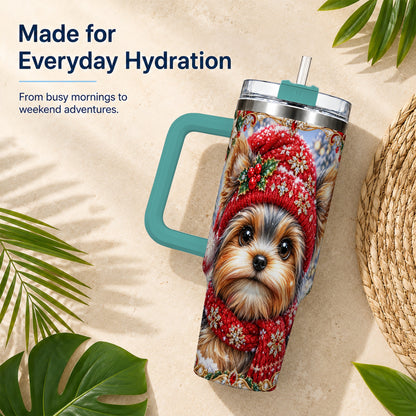 #pl[40oz|Green] Winter Yorkshire Terrier 40oz Tumbler with Handle, Dog Travel Cup