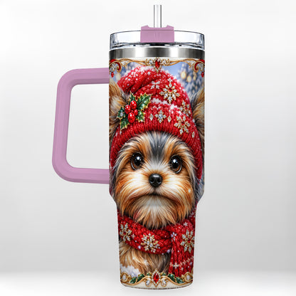 #pl[40oz|Pink] Winter Yorkshire Terrier 40oz Tumbler with Handle, Dog Travel Cup