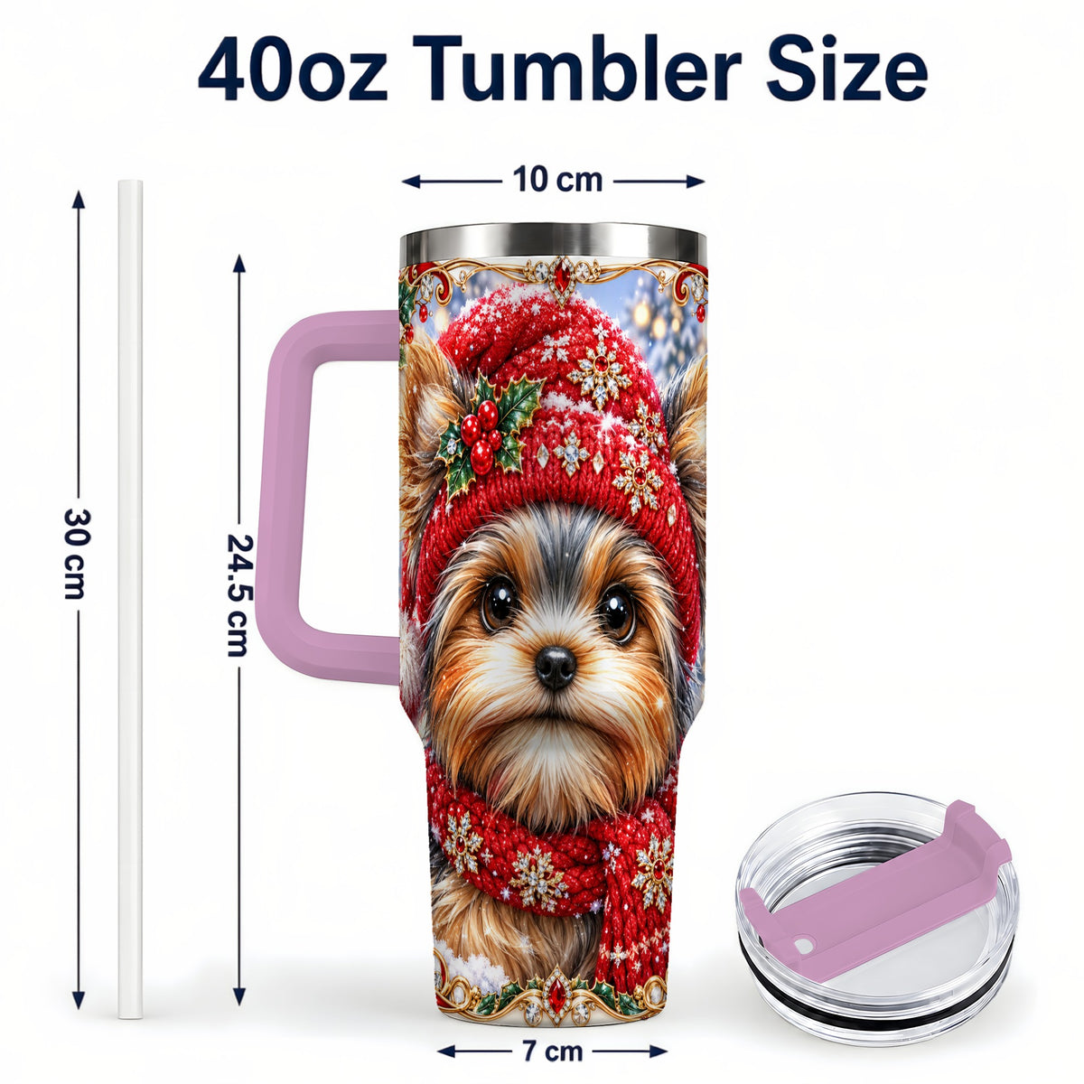 #pl[40oz|Pink] Winter Yorkshire Terrier 40oz Tumbler with Handle, Dog Travel Cup