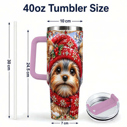 #pl[40oz|Pink] Winter Yorkshire Terrier 40oz Tumbler with Handle, Dog Travel Cup