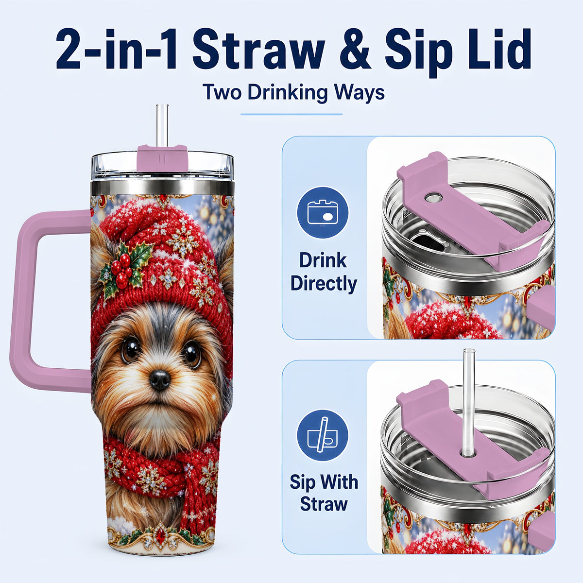 #pl[40oz|Pink] Winter Yorkshire Terrier 40oz Tumbler with Handle, Dog Travel Cup