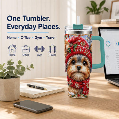 #pl[40oz|Green] Winter Yorkshire Terrier 40oz Tumbler with Handle, Dog Travel Cup