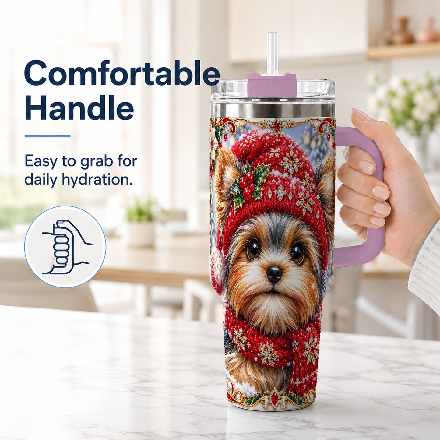 #pl[40oz|Pink] Winter Yorkshire Terrier 40oz Tumbler with Handle, Dog Travel Cup