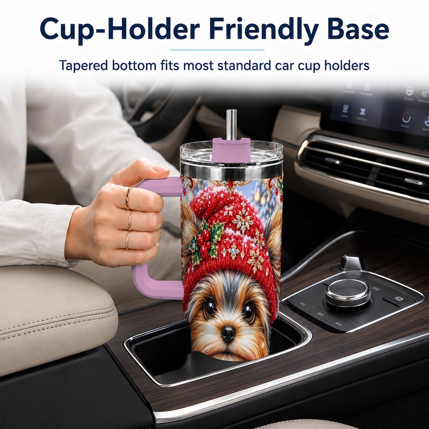 #pl[40oz|Pink] Winter Yorkshire Terrier 40oz Tumbler with Handle, Dog Travel Cup