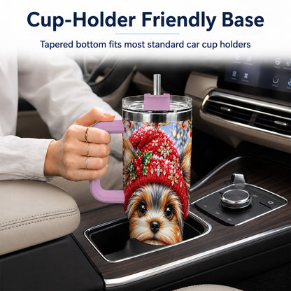 #pl[40oz|Pink] Winter Yorkshire Terrier 40oz Tumbler with Handle, Dog Travel Cup