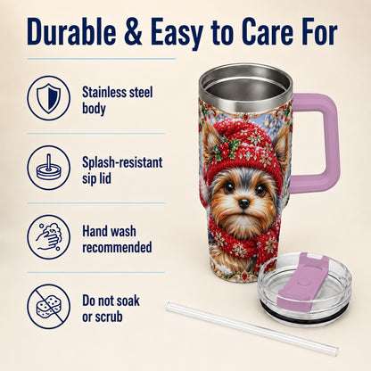 #pl[40oz|Pink] Winter Yorkshire Terrier 40oz Tumbler with Handle, Dog Travel Cup
