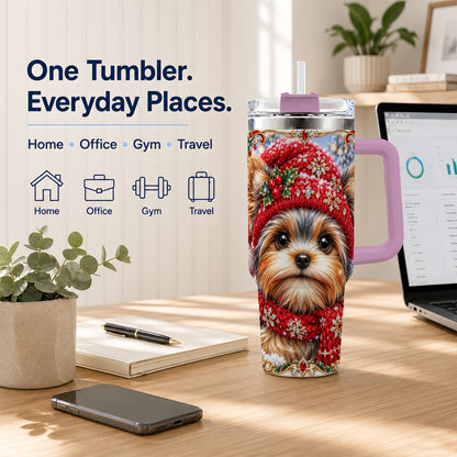 #pl[40oz|Pink] Winter Yorkshire Terrier 40oz Tumbler with Handle, Dog Travel Cup