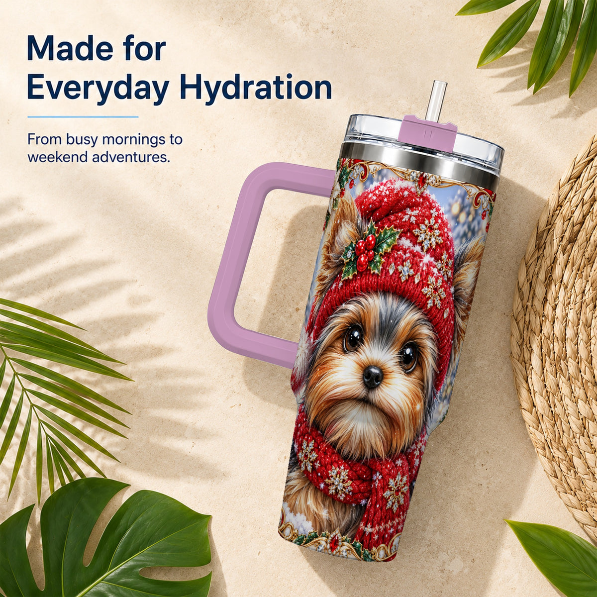 #pl[40oz|Pink] Winter Yorkshire Terrier 40oz Tumbler with Handle, Dog Travel Cup