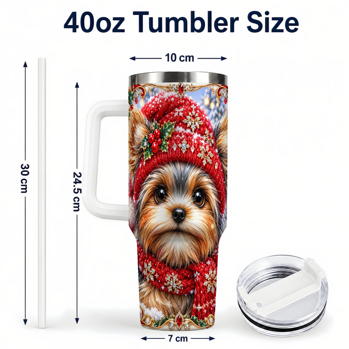 #pl[40oz|White] Winter Yorkshire Terrier 40oz Tumbler with Handle, Dog Travel Cup