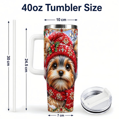 #pl[40oz|White] Winter Yorkshire Terrier 40oz Tumbler with Handle, Dog Travel Cup