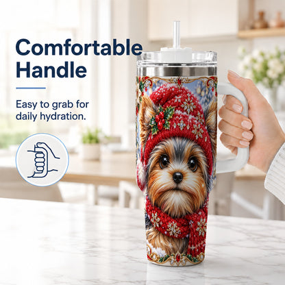 #pl[40oz|White] Winter Yorkshire Terrier 40oz Tumbler with Handle, Dog Travel Cup