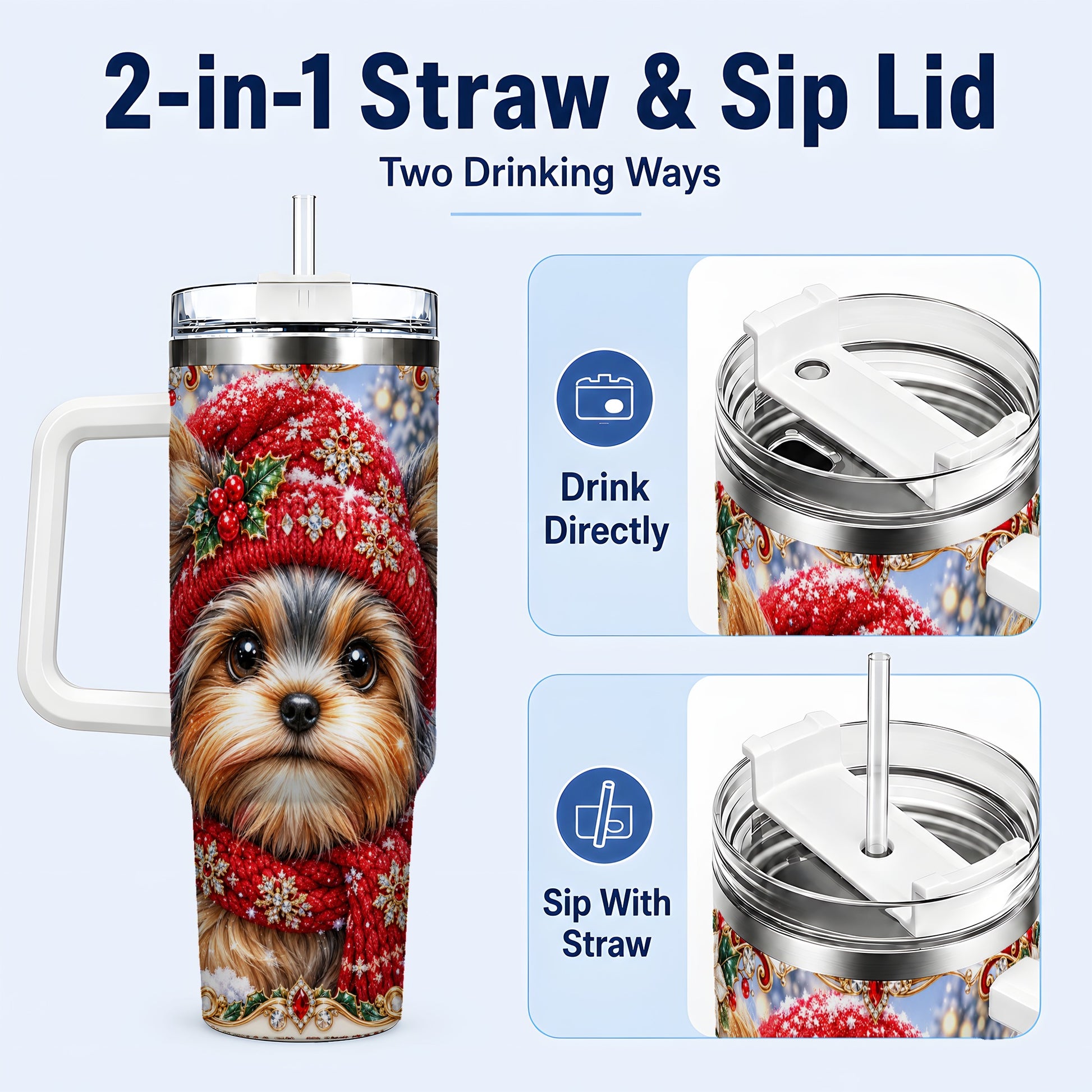 #pl[40oz|White] Winter Yorkshire Terrier 40oz Tumbler with Handle, Dog Travel Cup