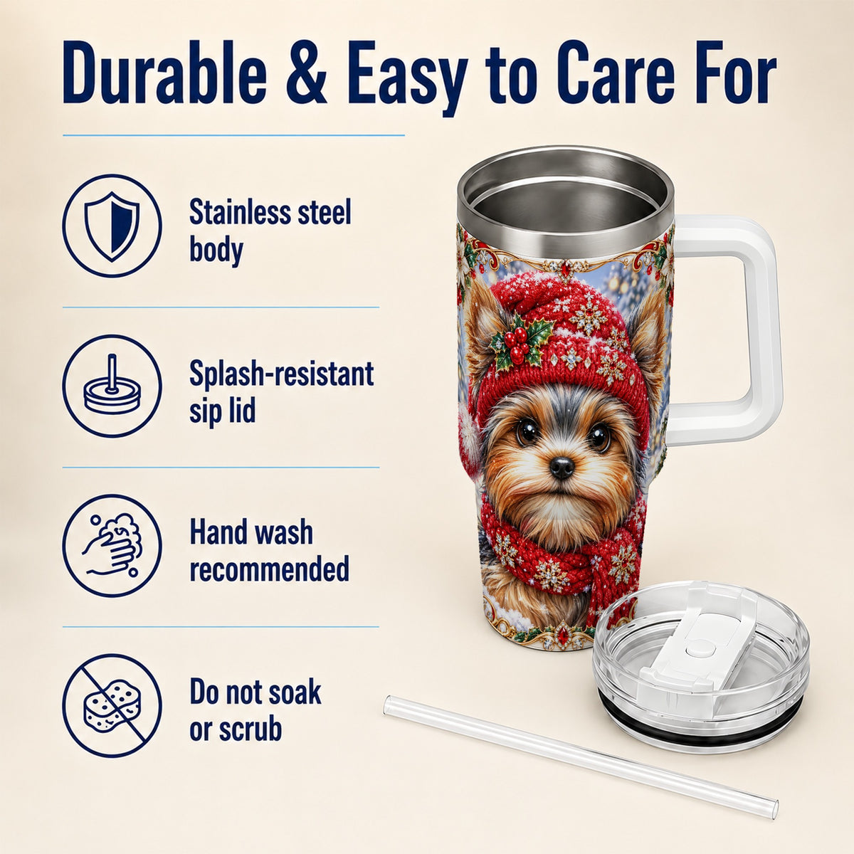 #pl[40oz|White] Winter Yorkshire Terrier 40oz Tumbler with Handle, Dog Travel Cup