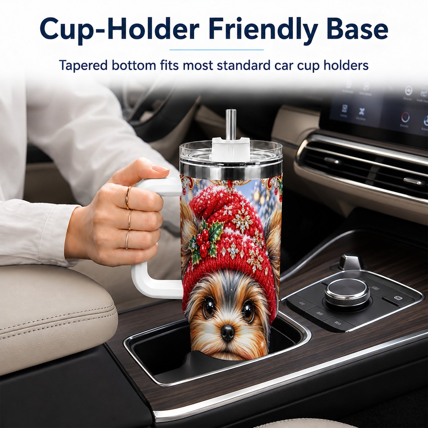#pl[40oz|White] Winter Yorkshire Terrier 40oz Tumbler with Handle, Dog Travel Cup