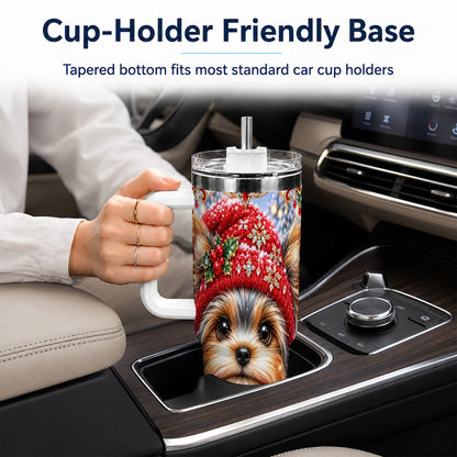 #pl[40oz|White] Winter Yorkshire Terrier 40oz Tumbler with Handle, Dog Travel Cup