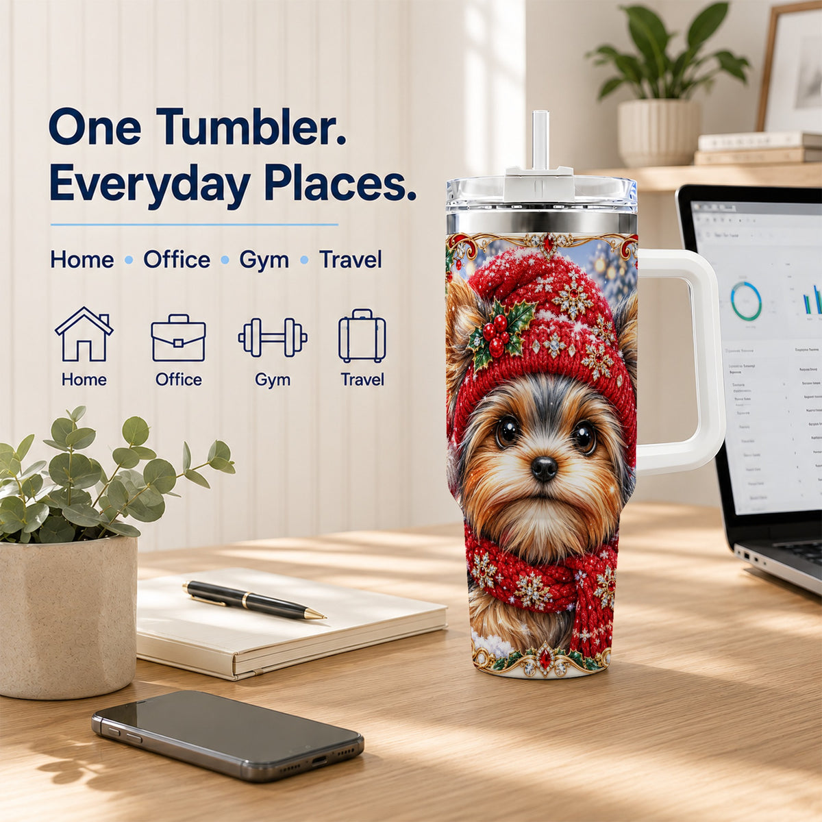 #pl[40oz|White] Winter Yorkshire Terrier 40oz Tumbler with Handle, Dog Travel Cup