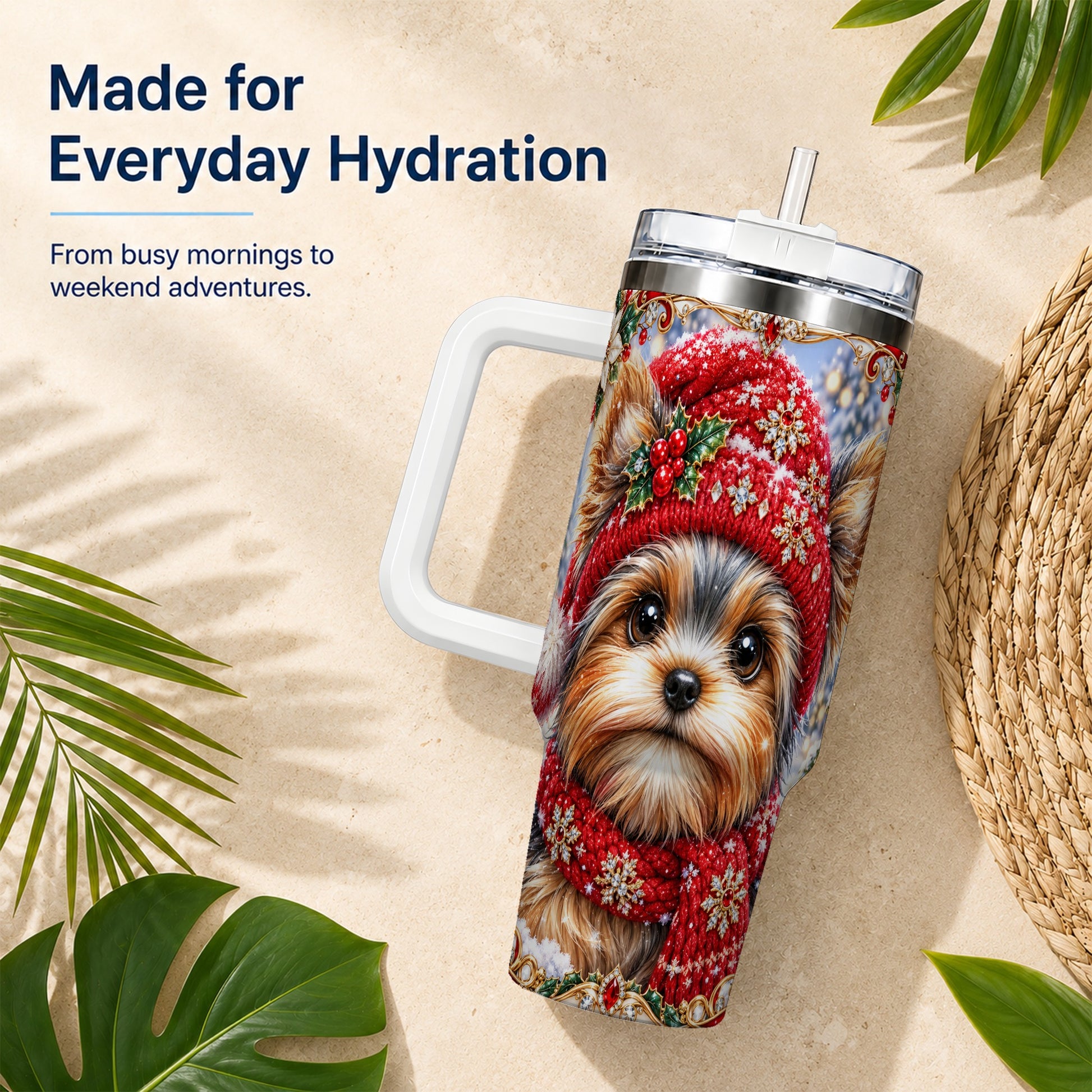 #pl[40oz|White] Winter Yorkshire Terrier 40oz Tumbler with Handle, Dog Travel Cup