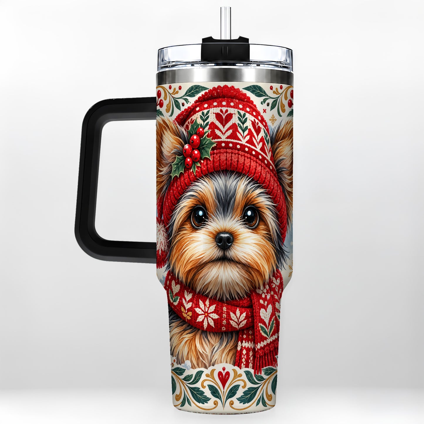 #pl[40oz|Black] Christmas Yorkie 40oz Tumbler with Handle, Winter Dog Stainless Steel Cup