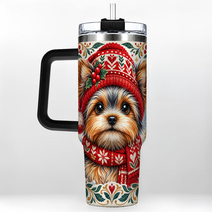 #pl[40oz|Black] Christmas Yorkie 40oz Tumbler with Handle, Winter Dog Stainless Steel Cup